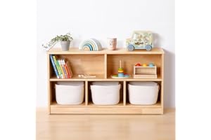 OOOK Rubber Wood 5-Compartment Montessori Shelf, 43.3" L, 2-Tier Toy Organizers and Storage, Wooden Storage Cabinet for Kids Room, Playroom, Nursery, Classroom, Kindergarten