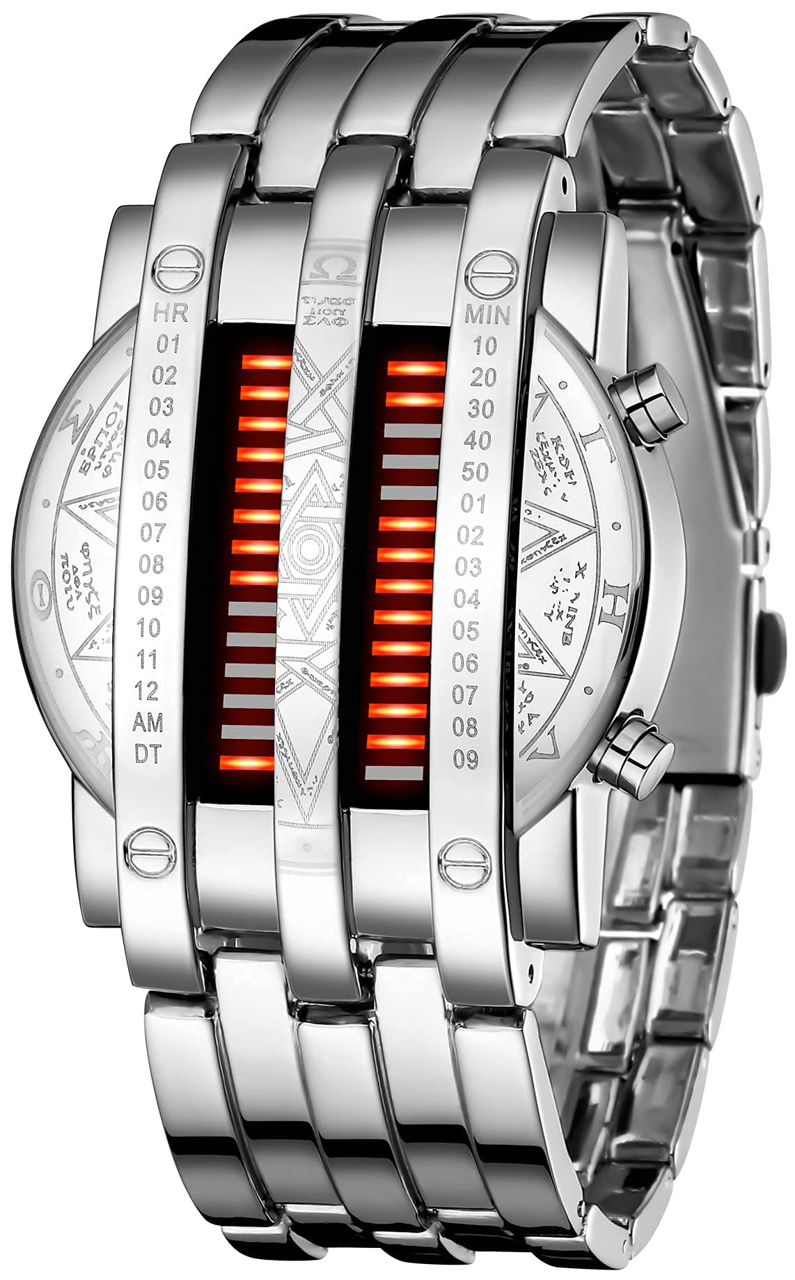 Binary Matrix Blue LED Digital Watch Mens Classic Creative Fashion Black Plated Wrist Watches, Silver Red, Digital