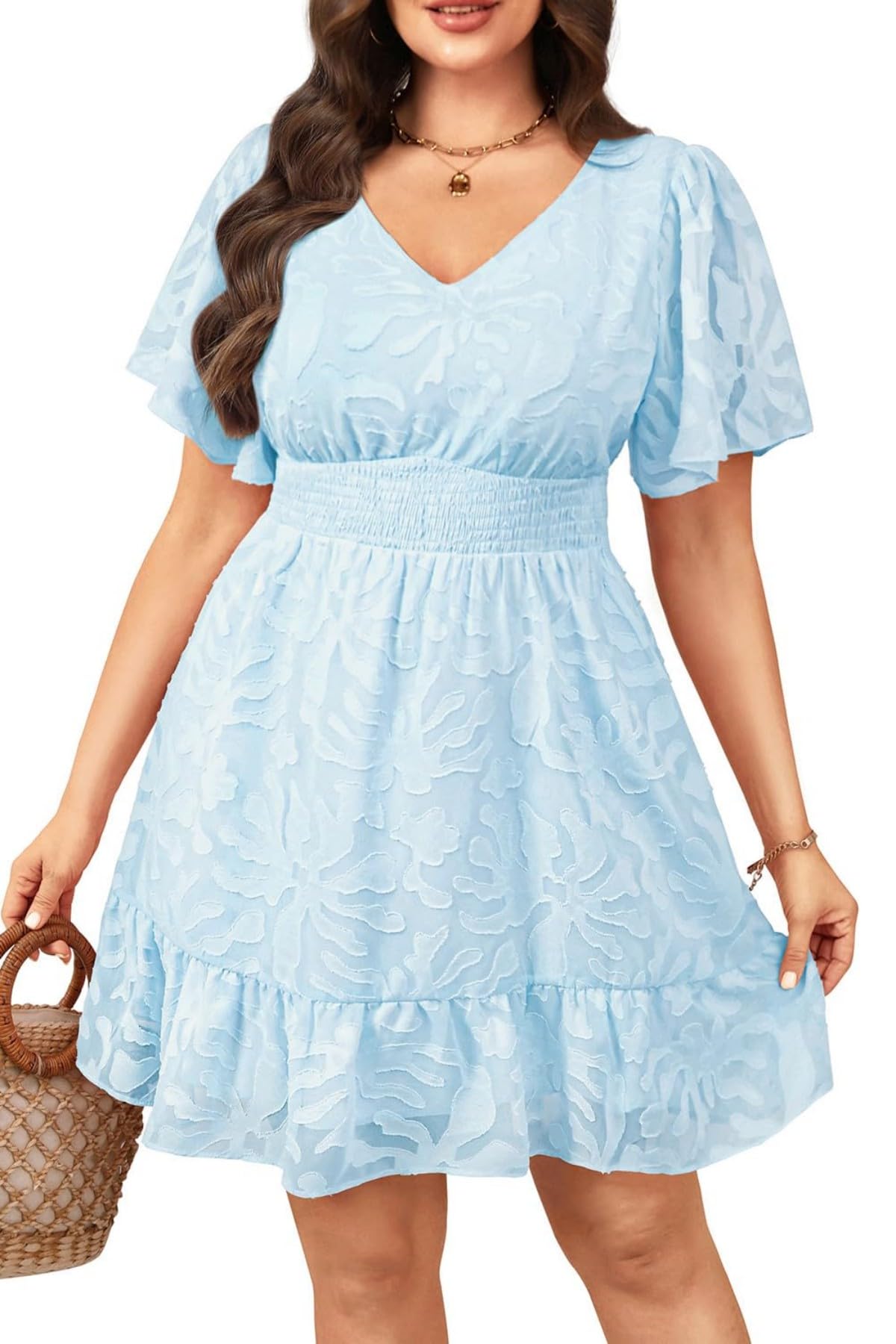 Photo 1 of Light Blue Plus Size Easter Dress Summer Casual Graduation Pastel Floral Lace Flutter Sleeve Smocked Short Dresses 2025