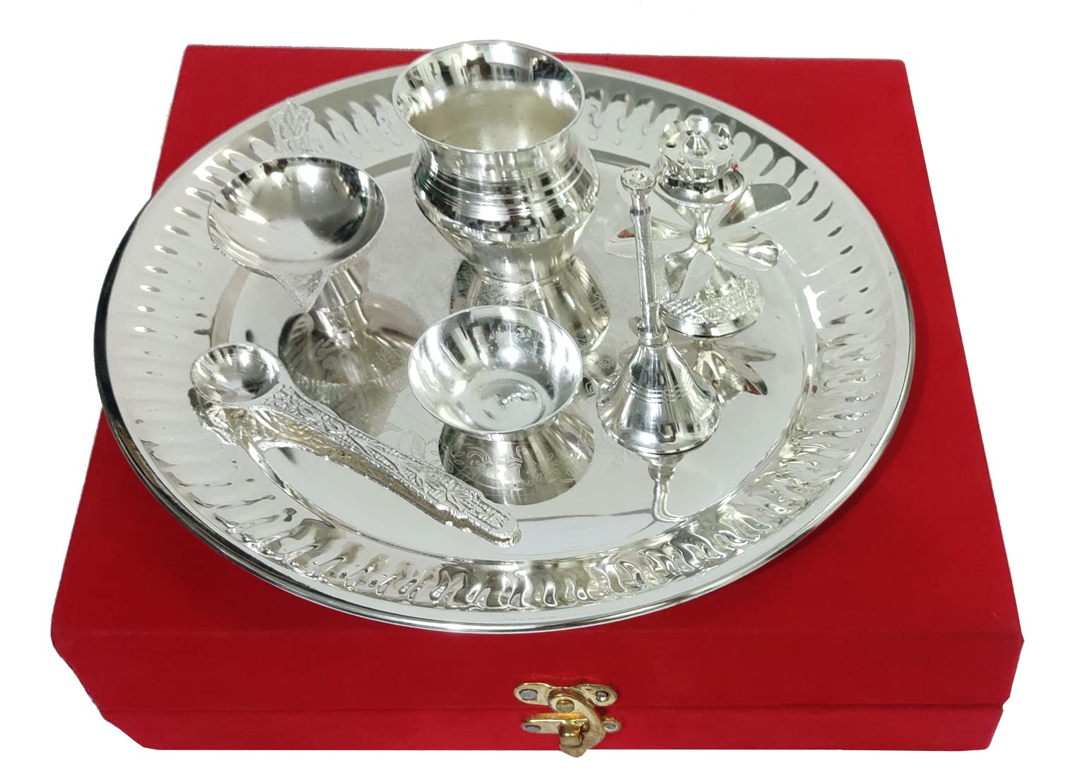 Purpledip Metal Puja Thali Set: Home Temple Decorative Platter With 7 Items In Velvet Gift Box, Silver (12595A)