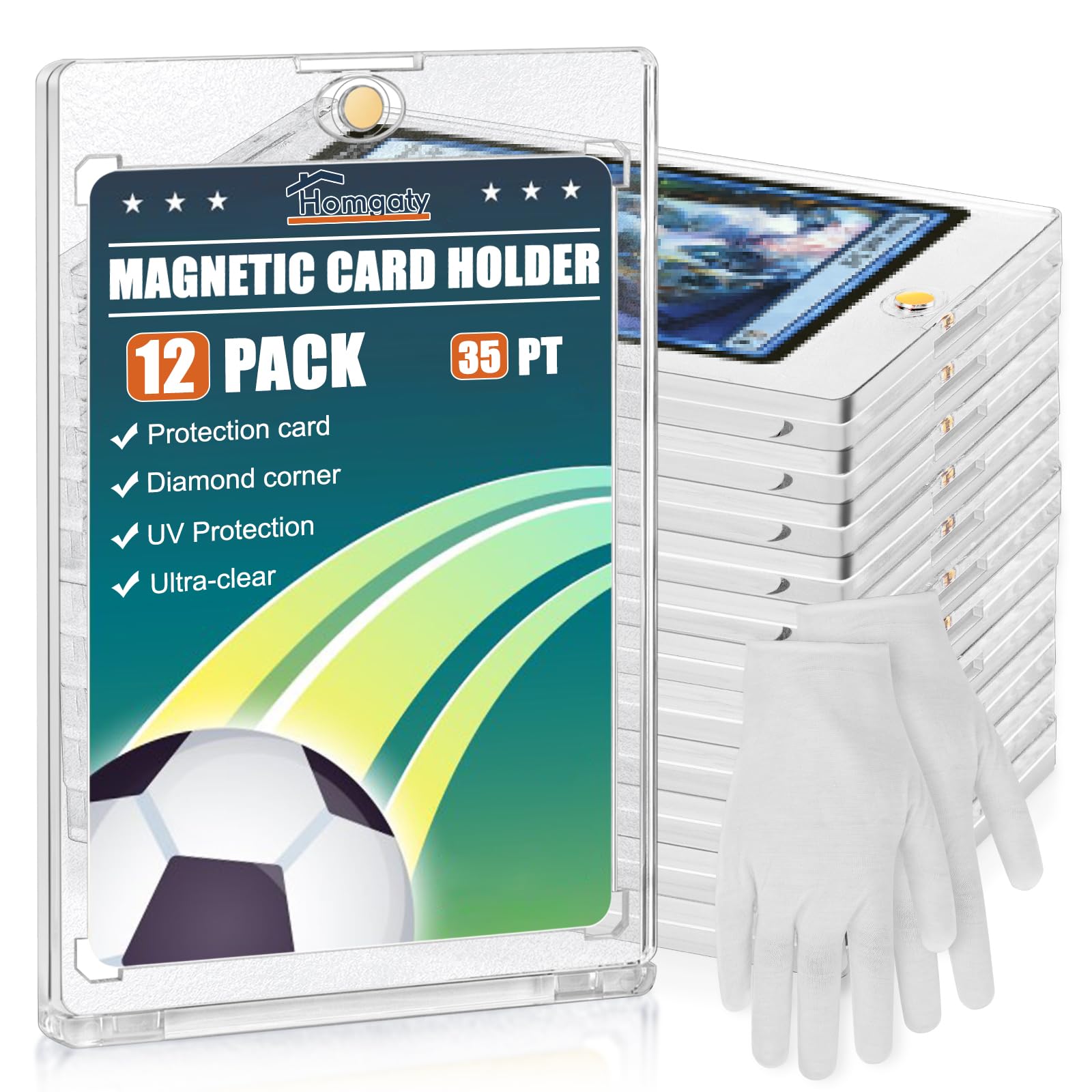 Homgaty 35pt Magnetic Card Holder 12 Pack,Clear Acrylic Card Holders Storage for Football Trading Cards,Trading Cards,MTG YGO Cards,Standard Cards Cases with White Gloves