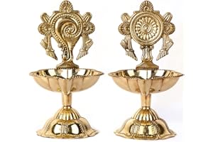 SATVIK STORE SATVIK 2 Pc Pair of Brass Designer Shankh Chakra Diya Traditional Indian Festive Diwali Puja Pooja Mandir Home Temple Oil Lamp Dia Indian Housewarming Return Gift Items