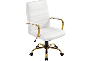 Yaheetech Mid-Back Office Chair PU Leather Desk Chair Adjustable Executive Task Chair w/Lumber Support Gold Leg White Seat
