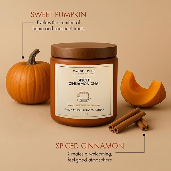 MAJESTIC PURE PUMPKIN CINNAMON SCENTED CANDLE WITH UPTO 45+ HRS BURN TIME, 2-WICK CANDLE, SOY WAX BLEND FOR CLEANER CONSISTENT BURN, 10 OZ JAR CANDLE WITH ROOM FILLING FRAGRANCE, SPICED CHAI