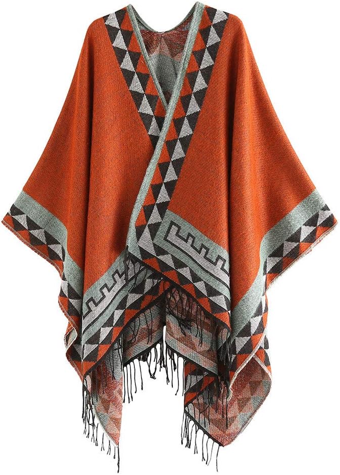 Women's Color Stitch Cashmere Wool Shawl Wrap Poncho Cape Tassel Soft Neck Scarf