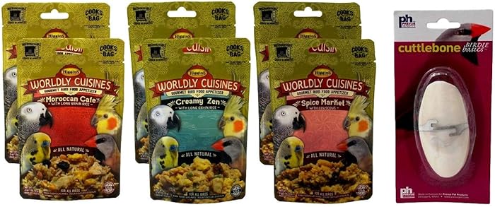 Higgins Worldly Cuisines Gourmet Food Appetizer for All Birds 3 Flavor 6 Pouch Plus Prevue Hendryx Cuttlebone Bundle, 2 Each: Moroccan Cafe, Creamy Zen, Spice Market (2 Ounces)