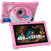 7-inch Kids Tablet for Toddlers, Android 12, 4GB RAM, 32GB ROM, WiFi, Bluetooth, Safe Eye Protection IPS Screen, Parental Controls, Dual Camera, Transparent Case for Education &amp; Gaming (Pink)