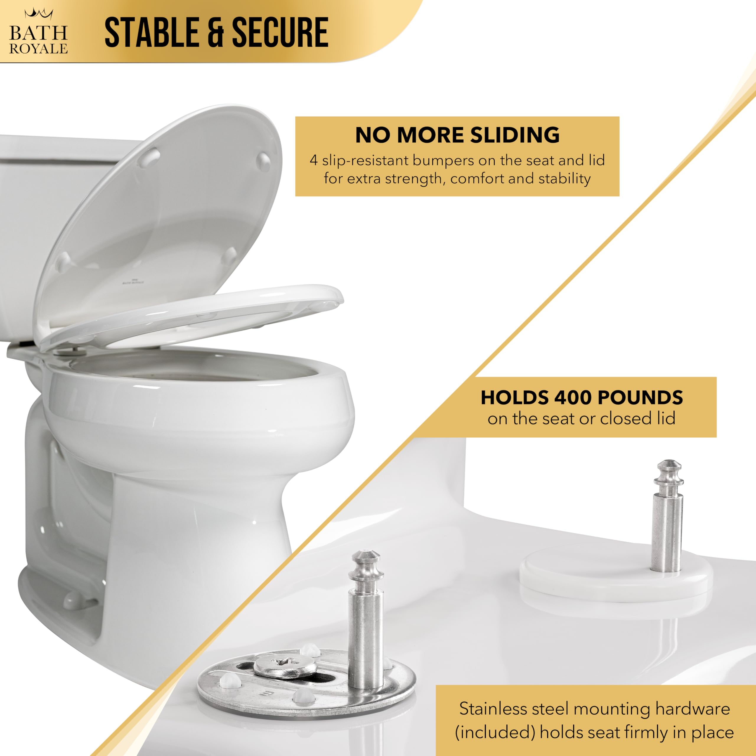 Bath Royale Slow Close Toilet Seat BR501-00 White Elongated, Stain-Resistant and Easy to Keep Clean, Heavy Duty Fits All Toilet Brands, Executive Series