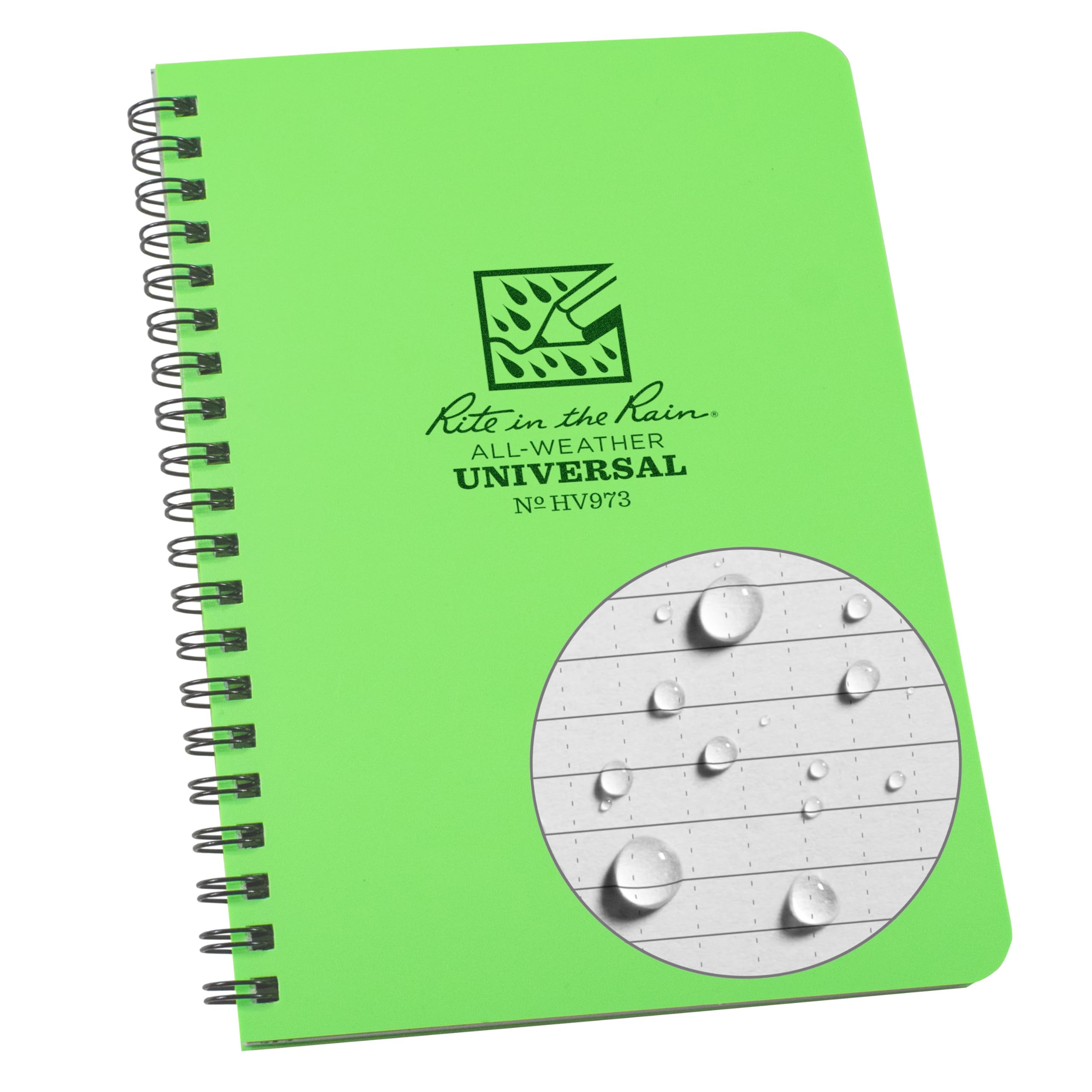 Rite in the Rain Weatherproof Side Spiral Notebook, 4.625" x 7", Hi Viz Green Cover, Universal Pattern (No. HV973)