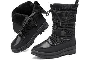 WALUZS Snow Boots for Women Fur Winter Boots Waterproof Ski Boots Women's Mid Calf Boots Furry White Lace up Boots with Zipper