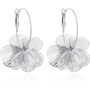 Gold Silver Flower Dangle Earrings for Women | Cute Statement Trendy Floral Drop Earrings, Boho Fashion Lightweight Hoop Jewe