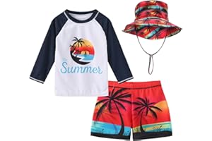 CHILDLIKE ME Toddlers Baby Boys' 3-Piece Swimsuit Trunk Rashguard Set and Sun Hat Swimwear Bathing Suit UPF 50+
