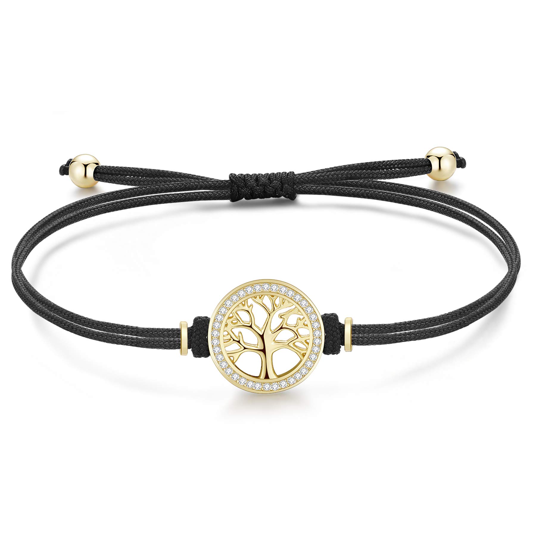 Jrêveinfini Tree of Life Bracelet for Women Girls Sterling Silver 925 Sister Best Friendship Bracelet Charms Personalised Adjustable Rope Granddaughter Auntie Black String Bracelet Mum Gold