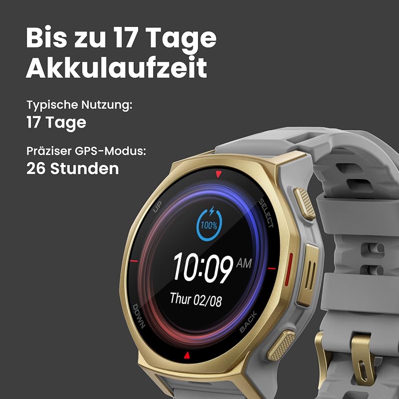 T-Rex 3 Pro Outdoor Smartwatch 44 mm Saphir-AMOLED, Taschenlampe, Titanlünette, Dual-Band GPS, Offline-Karten, bis zu 17 Tage Akku, 10 ATM, 180+ Sportmodi, Android & iPhone, Arktisches Gold