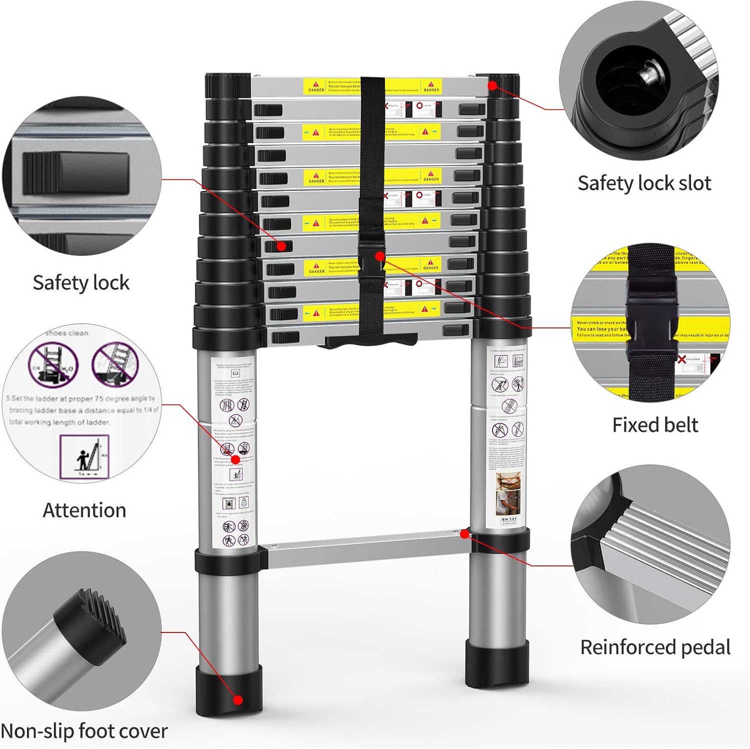 Telescoping Extension Ladder 12.5FT, Aluminum Telescopic Ladders with Carry Bag for Outdoor Indoor Use - - 