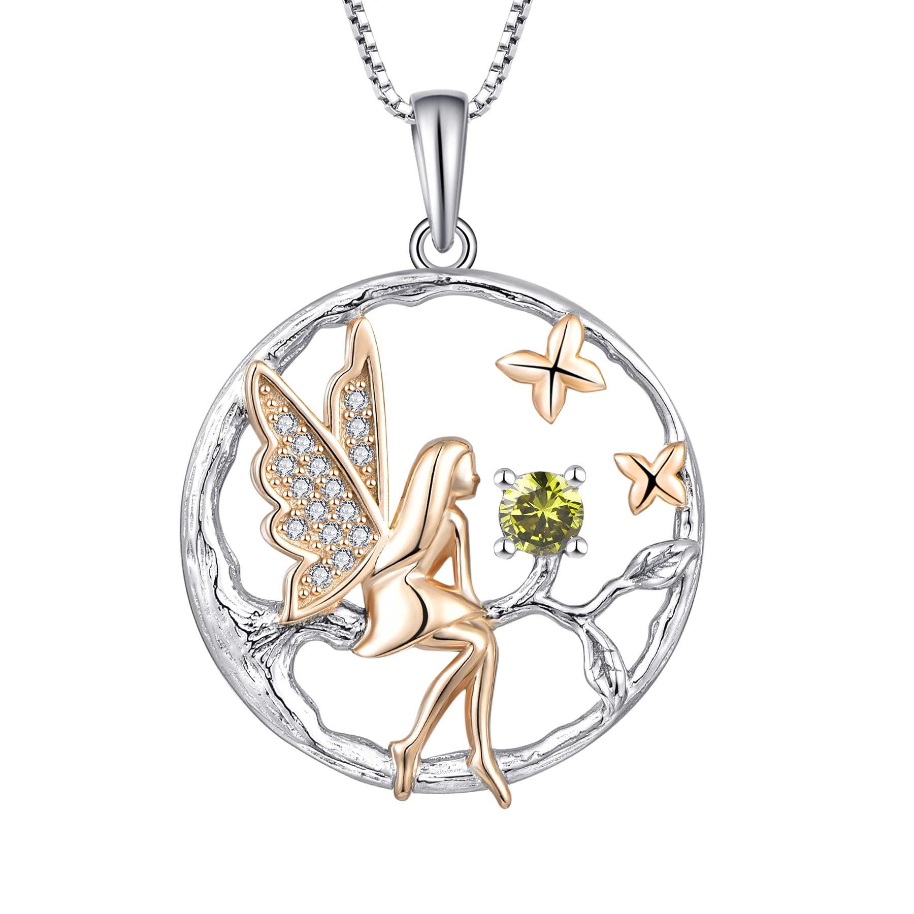 FJ Guardian Angel Necklace 925 Sterling Silver Tree of Life Necklace Fairy Pendant August Birthstone Peridot Jewellery for Women — image 1