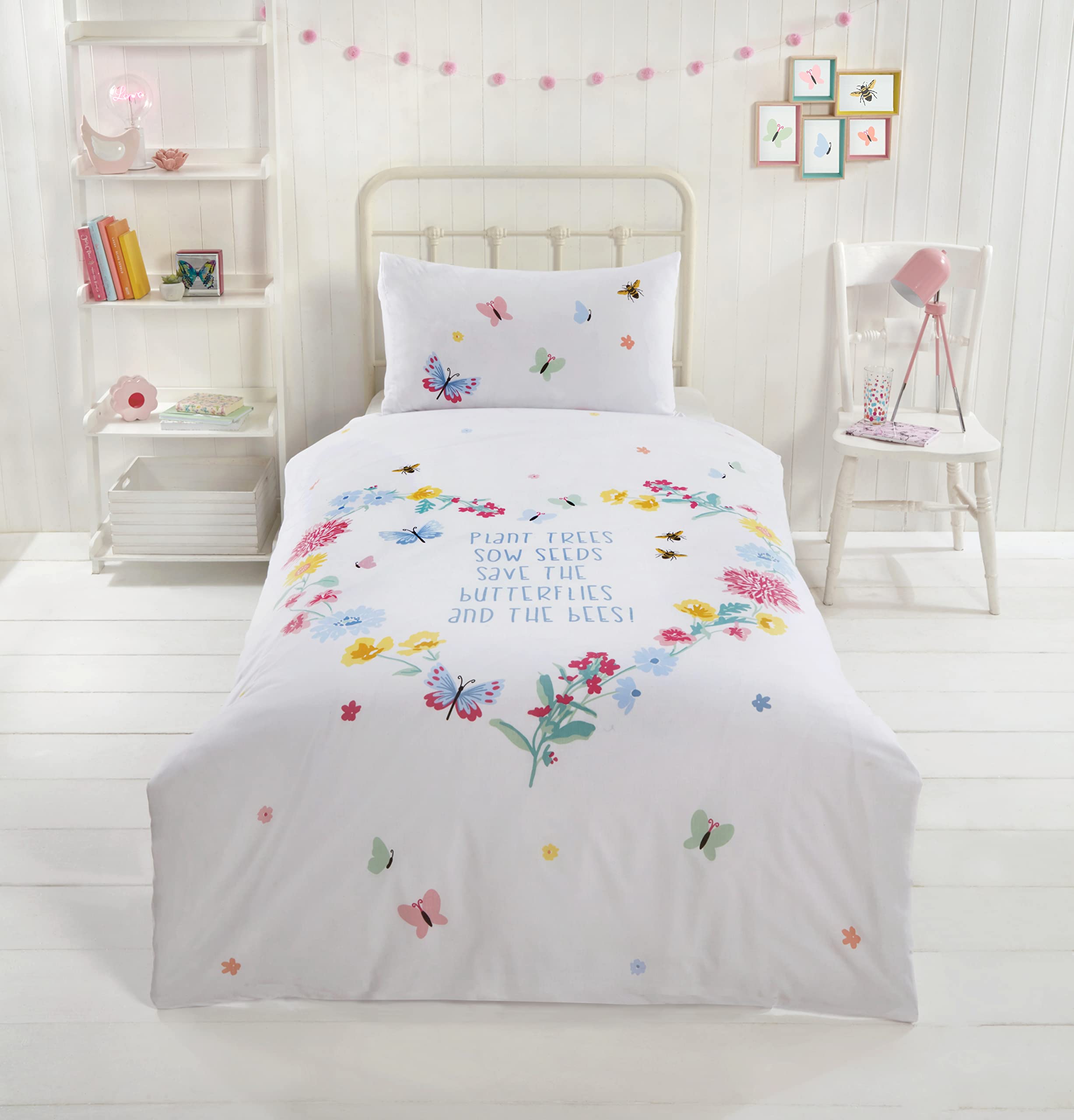 Rapport Butterflies and Bees Duvet Cover Set Double – Reversible Floral Bedding with Matching Pillowcases – Soft Easy‑Care Quilt Cover