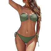 YACUN Women's 2 Piece Strapless Bandeau Bikini Set U-Wire Cheeky Bathing Suit Lace up Swimsuits