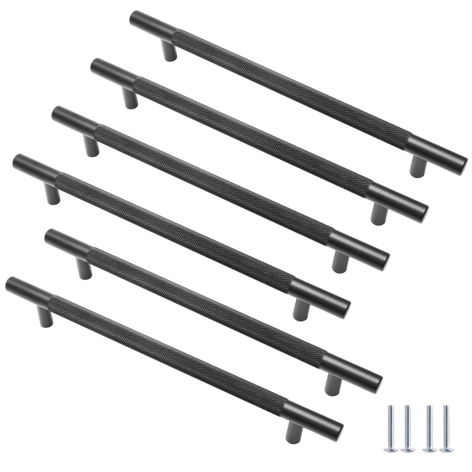 Cjueiom Matt Black Cupboard Handles - 6 Pack, 192mm Hole Center, T Bar & Knurled Drawer Handles with Diamond Pattern, Long Wardrobe Door Pulls for Kitchen & Bedroom Cabinet & Drawer