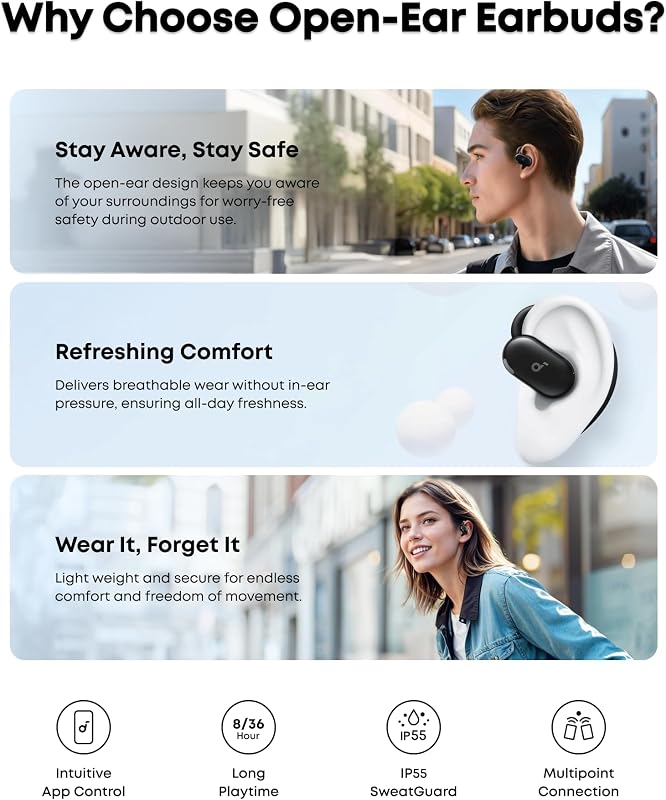 Fones de ouvido abertos soundcore anker v20i, ganchos giratórios para os ouvidos, ajuste justo, graves potentes, chamadas nítidas, ip55, luzes led, bateria de 36 horas, bluetooth 5.4, conexão multiponto