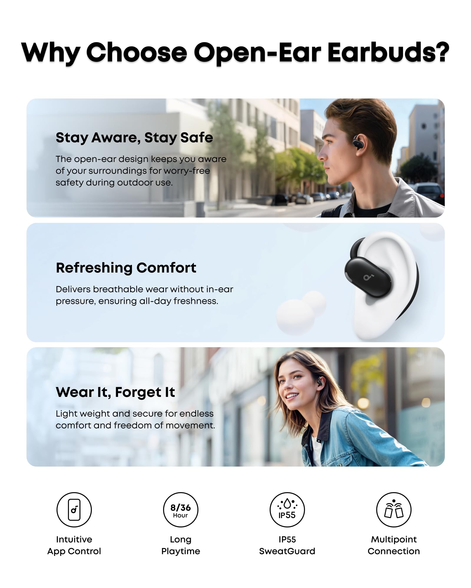 soundcore V20i von Anker Open-Ear Kopfhörer, verstellbare Ohrhaken, komfortabel, fester Halt, starker Bass, rauschfreie Telefonate, IP55, LED, 36h Spielzeit,Bluetooth 5.4 Earbuds,Multipoint Connection 7