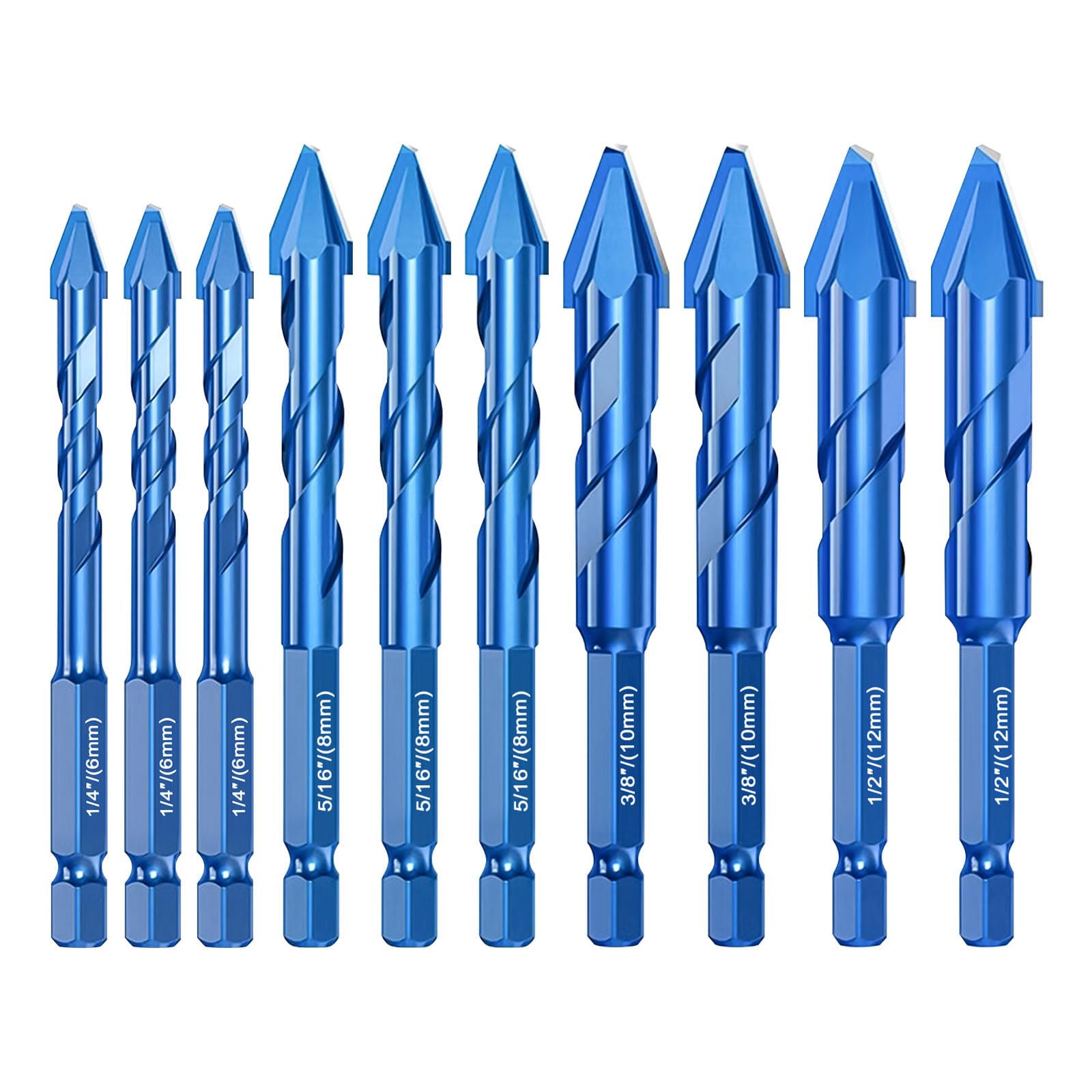 10 Pcs High Strength Eccentric Twist Drill Bit, 6/8/10/12mm High Hardness Skewed Head Eccentric Drill Bits Hexagonal Handle for Tiles Glass Hard Plastics Cement Concrete Granite (Blue)