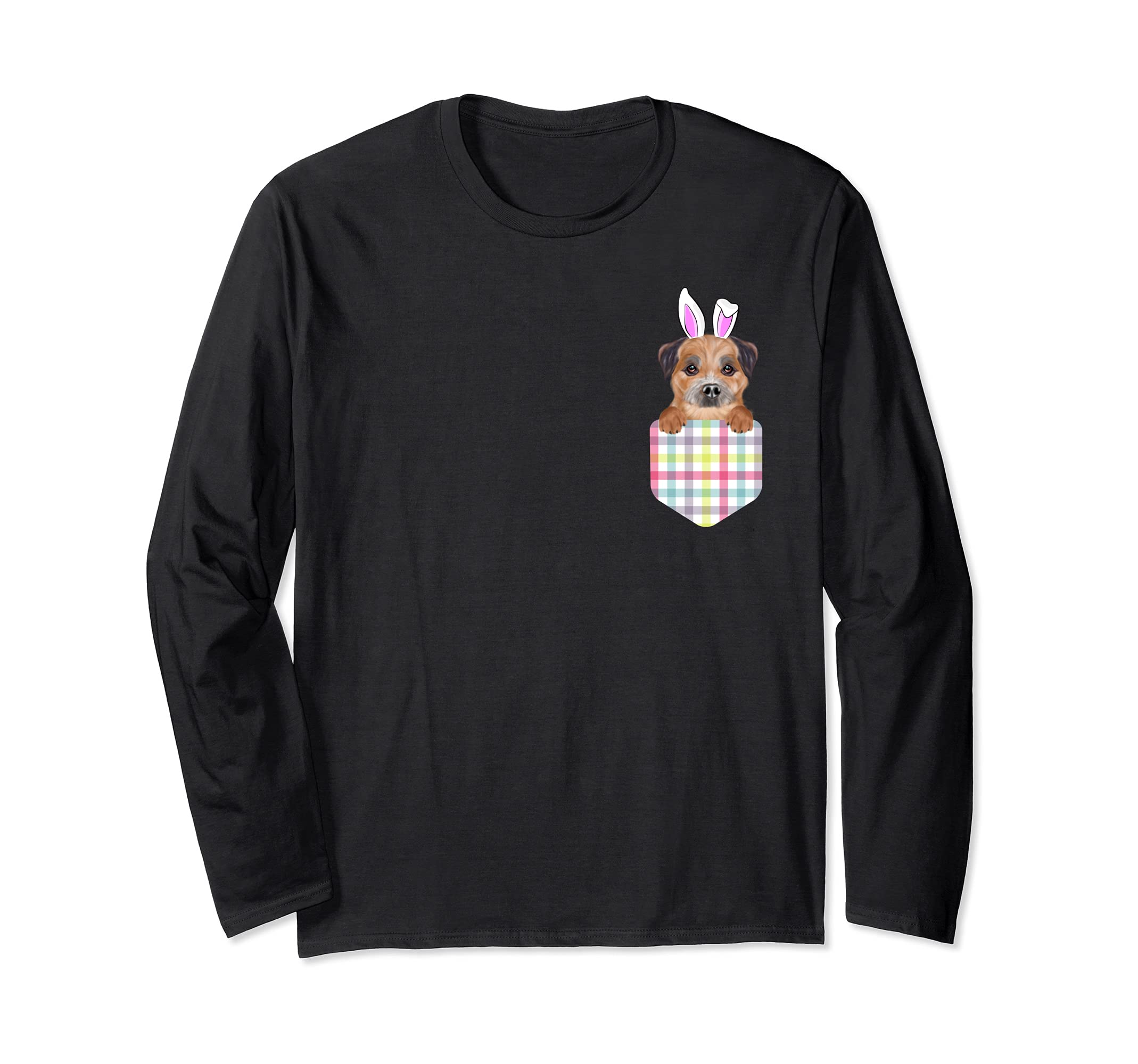 Easter Plaid Border Terrier Bunny Dog In Pocket Long Sleeve T-Shirt