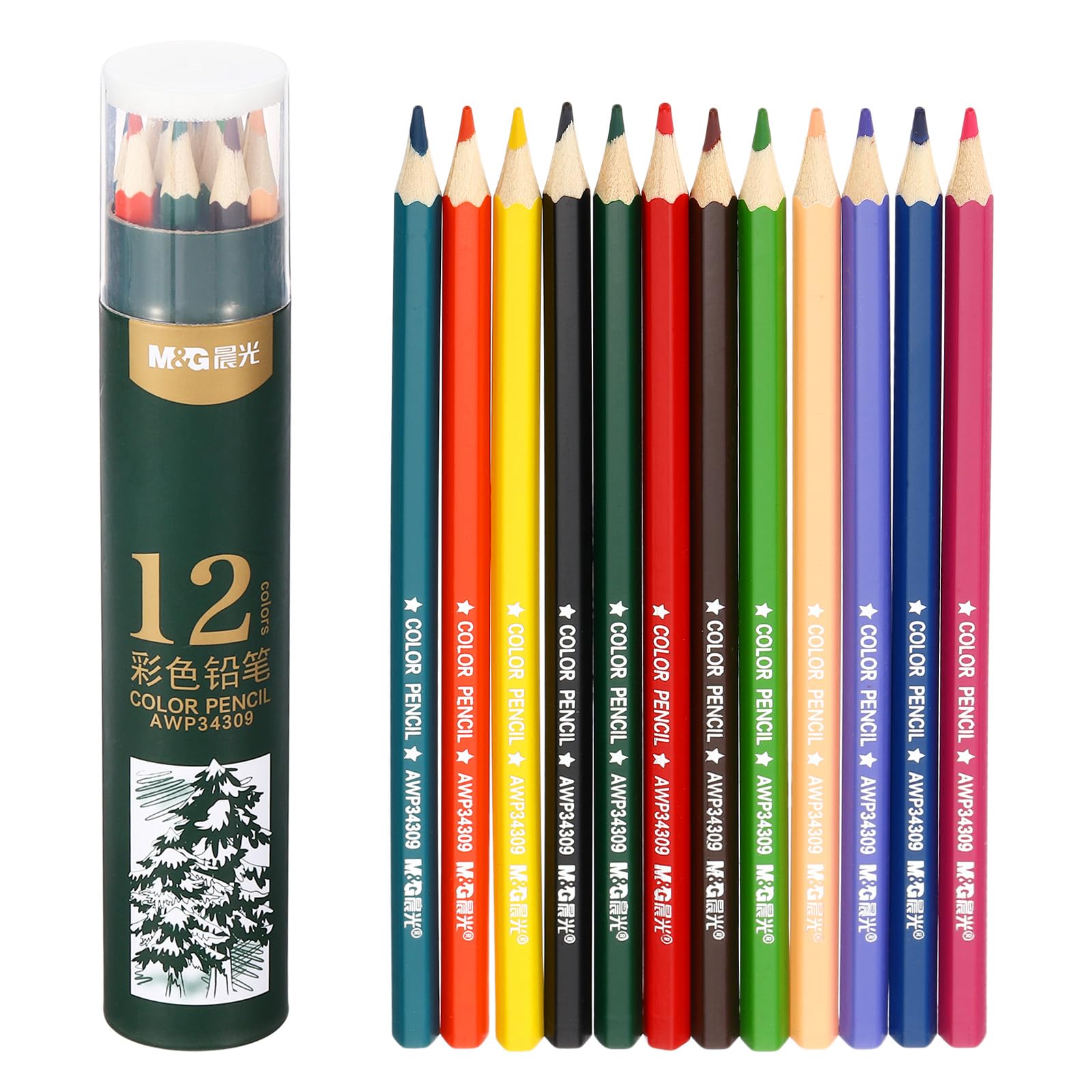 M&G 12 Colors Colored Pencils Set, 12pcs Oil Based Drawing Color Pencil Art Supplies for Beginner Adult Coloring Book Gifts with Green Pencil Holder