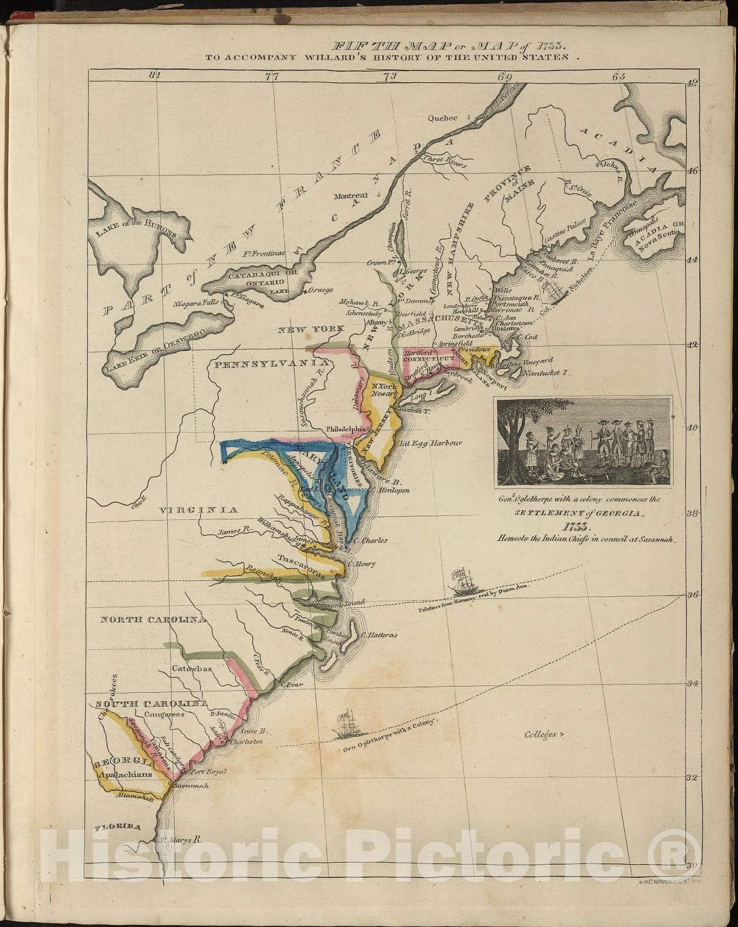 Historic 1828 Map - A Series of maps to Willard's History of The United States, or, Republic of America. Designed for Schools and Private Libraries. - Fifth Map or Map of 1733 44in x 56in