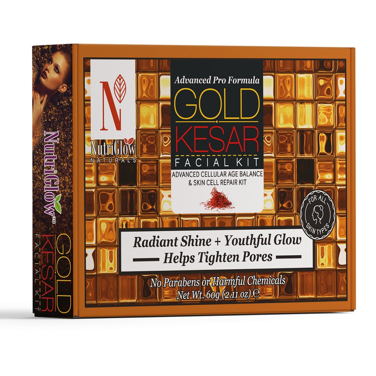 NUTRIGLOW NATURAL'S Advanced Pro Formula Gold Kesar Facial Kit for Glowing Skin Cleanup Kit for Radiant Shine Helps Tighten Pores, 60gm Multicolor