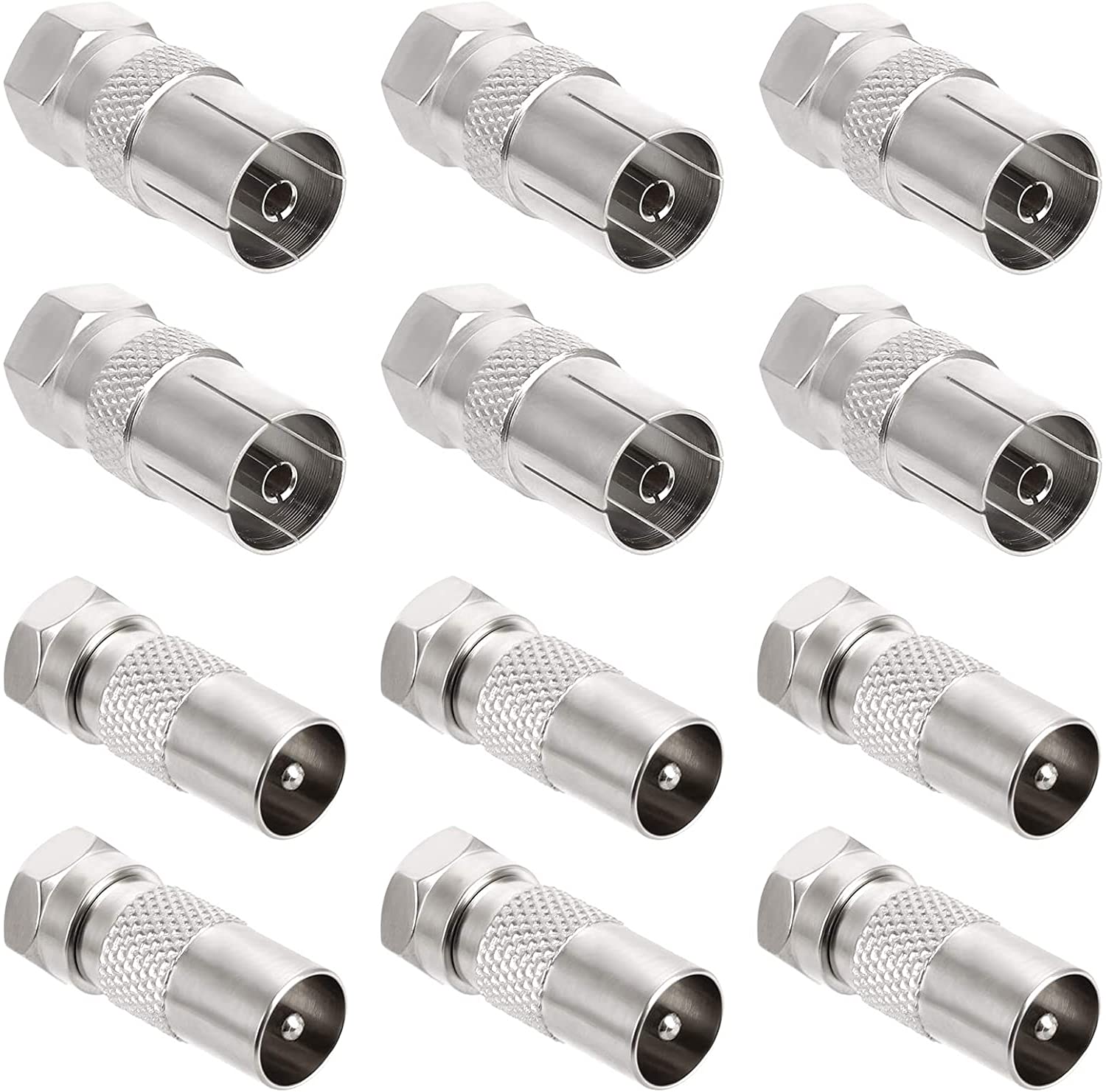 Guichangkai 12Pcs F Plug Male to Coax Socket Female Adaptor Male and Female TV Aerial Coaxial Cable F-Connectors Adaptor, Satellite F Type Screw Connector (Silver)
