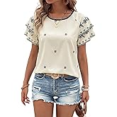 BLENCOT Women Blouses Layered Sleeve Fashion Crewneck Floral Printed Boho Loose Summer Tops