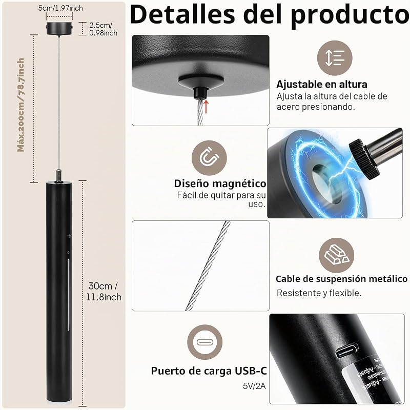 Lámpara Colgante con Bateria, Lámparas Colgantes LED Modernas Diseño, Luz inalámbrica, Recargable USB 5000mAh y Mando a Distancia, Para Cocina, Comedor, Dormitorio, Salón (Negro-2) — foto 4 de 7