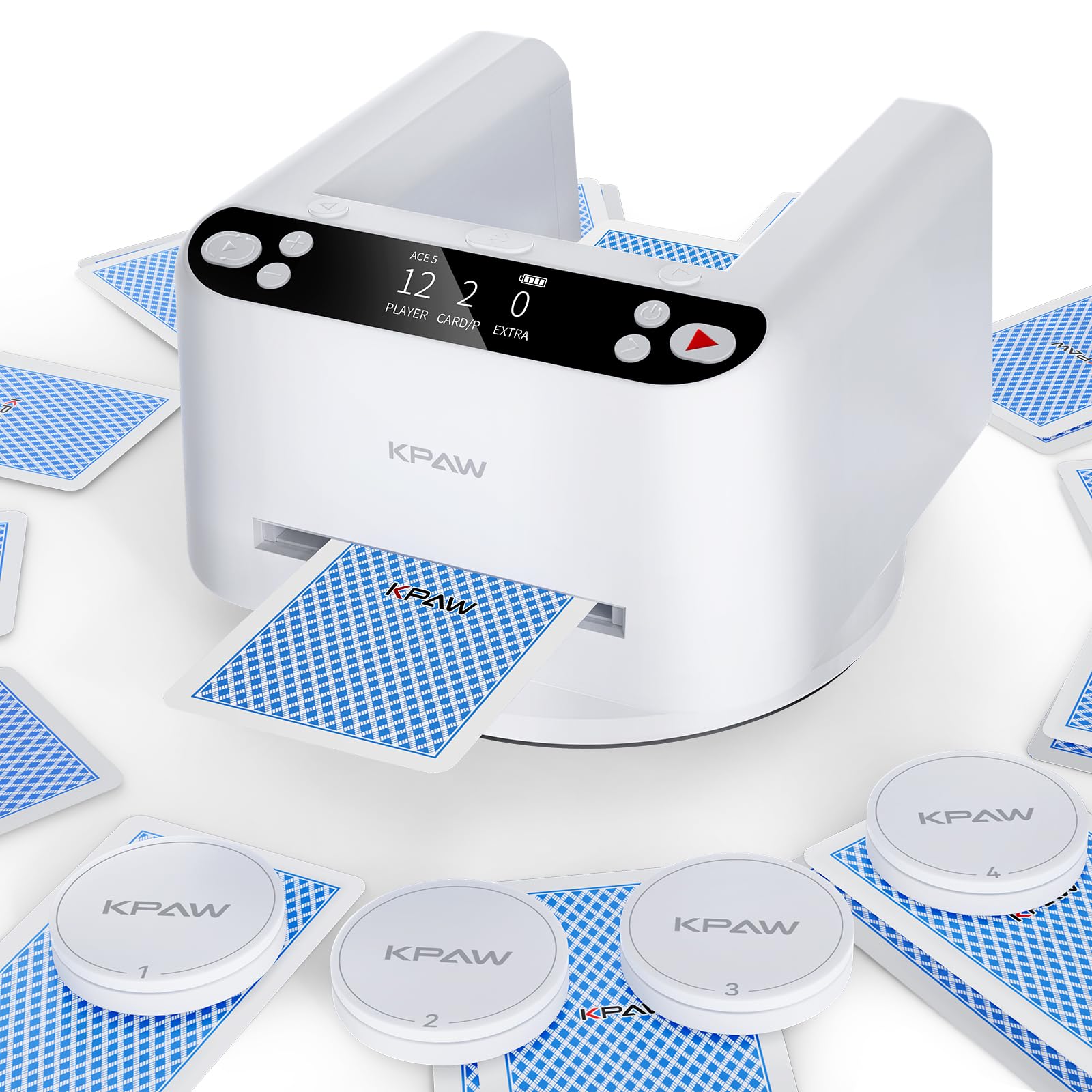 Photo 1 of KPAW Automatic Card Dealer Machine Rotating 360 for Playing Cards 2/1/4 Decks USB Rechargeable Card Dealing Machine,Connect 4 Wireless Remotes for Texas Holdem Uno Card Game (White, 2 Deck)