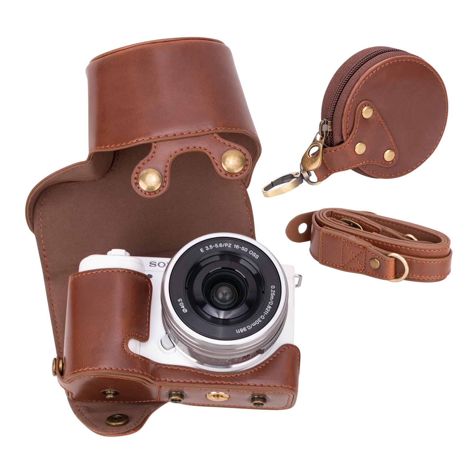 MUZIRI KINOKOO ZVE10 Case, PU Leather Protective Case Comaptible for Sony ZV-E10 ZVE10 with 16-50mm Lens Camera, with Shoulder Strap & Storage Pocket - Coffee