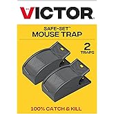 Victor M070B Easy Safe-Set Power Kill Mouse Trap, 2-Pack Reusable Snap Trap | Refillable Bait Cup, Bait Hood Prevents Theft, High Side Walls, Safe Around People and Pets per Directions