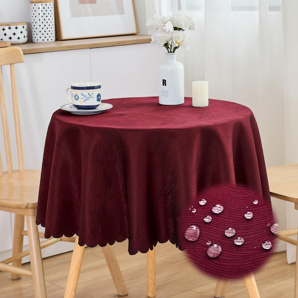 SPRICA Round Jacquard Tablecloth 120cm Water Resistance Solid Colour Table Cover, Water Ripples Pattern Design, Machine Washable, Diameter 120cm, Wine Red
