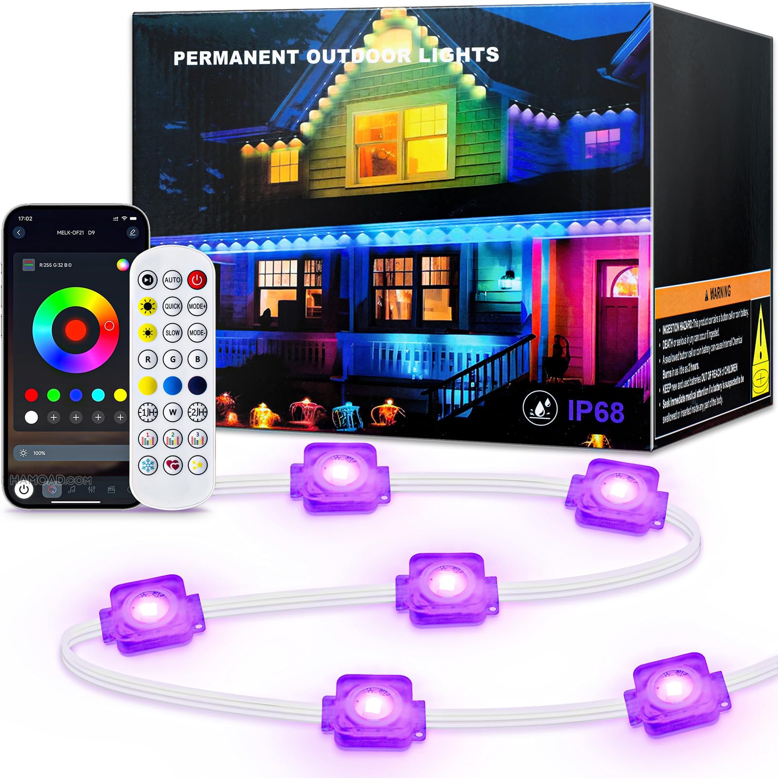 Photo 1 of Cuiwos 300ft Permanent Outdoor Lights Pro,Phone App & Remote, RGB Eternity Eaves Lights IP68 Waterproof, House Roof Outdoor String Light