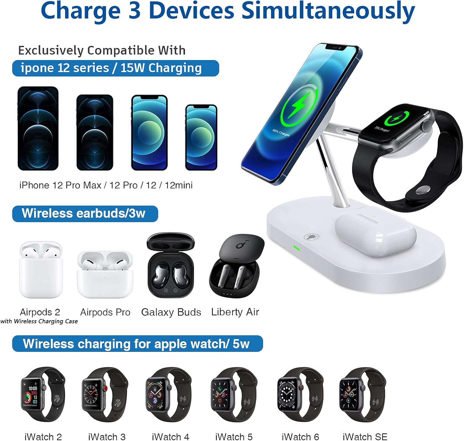 NOOOZA 3 in 1 Magnetic Wireless Charger Fast Charging Station Dock with 20 W QC3.0 Adapter Compatible with iPhone 12/12 Pro Max/Mini/AirPods Pro/AirPods 2 Magsafe Case iwatch Series, White: Electronics
