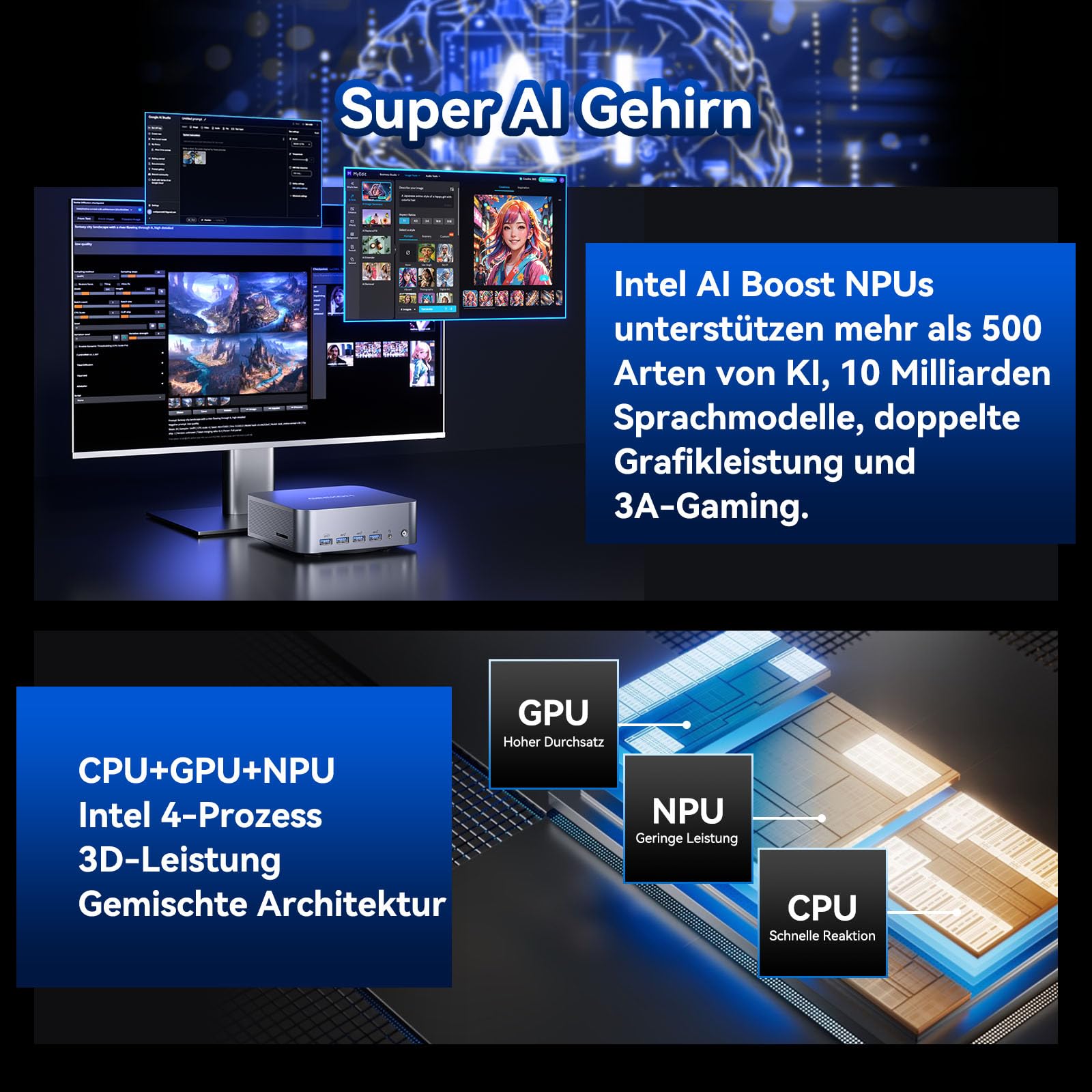 GEEKOM GT1 Mega AI Mini PC mit Intel Core Ultra 9 185H | 1TB SSD 16GB DDR5 | 6 USB Ports | 4 x 8K Display | 3-Jahren-Garantie | AR Echtzeitfunktion | Vorinstalliert Windows 11 Pro Mini Desktop PC 3