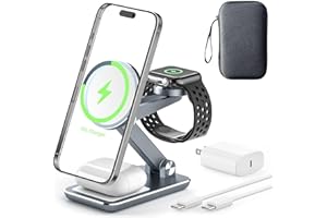 EGOGNAW Wireless Charger 3 in 1,Foldable Wireless Charging Station for Apple MagSafe Charger,Aluminum Portable Magnetic Travel Charger Stand for iPhone,Watch,Aipods (with 20W Adapter & Case)