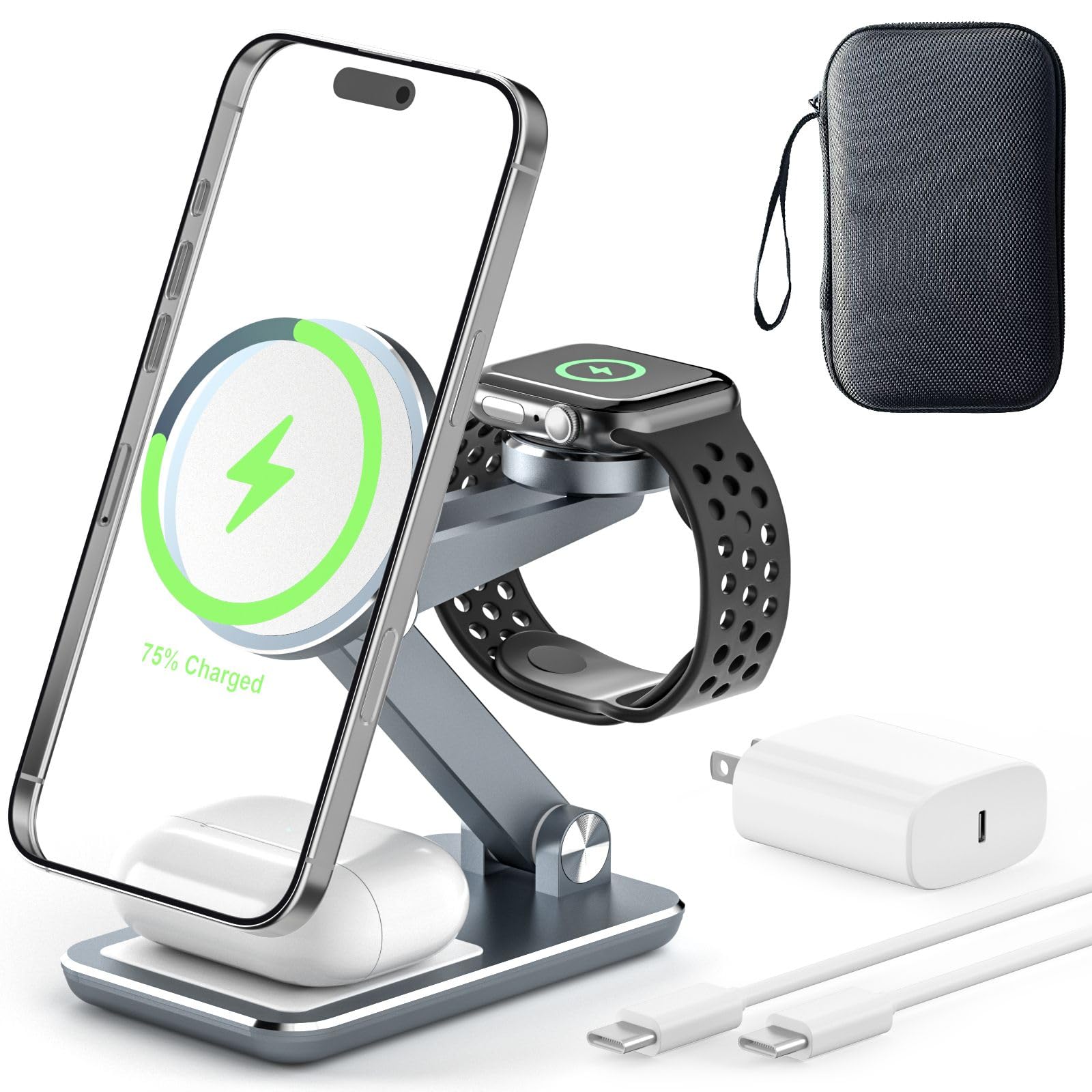 Wireless Charger 3 in 1,Foldable Wireless Charging Station for Apple MagSafe Charger,Aluminum Portable Magnetic Travel Charger Stand for iPhone,Watch,Aipods (with 20W Adapter & Case)