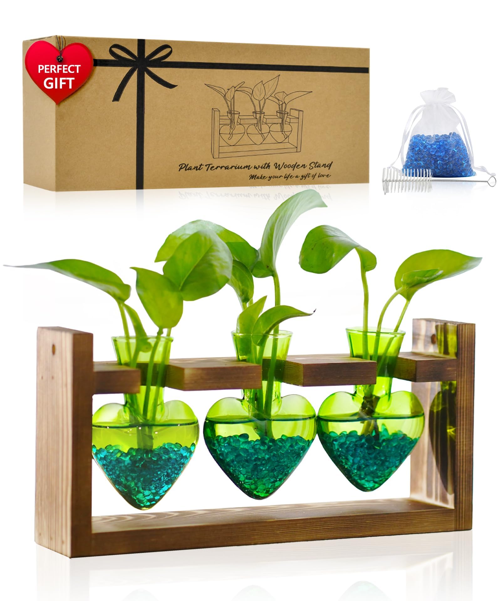 Photo 1 of Nacome Plant Terrarium for Office Decor: Birthday Gifts for Plant Lovers Women Mom Wife - Wooden Stand Tabletop Planter 3 Bulb Glass Vase Heart Shaped for Hydroponics Indoor Home(Green)