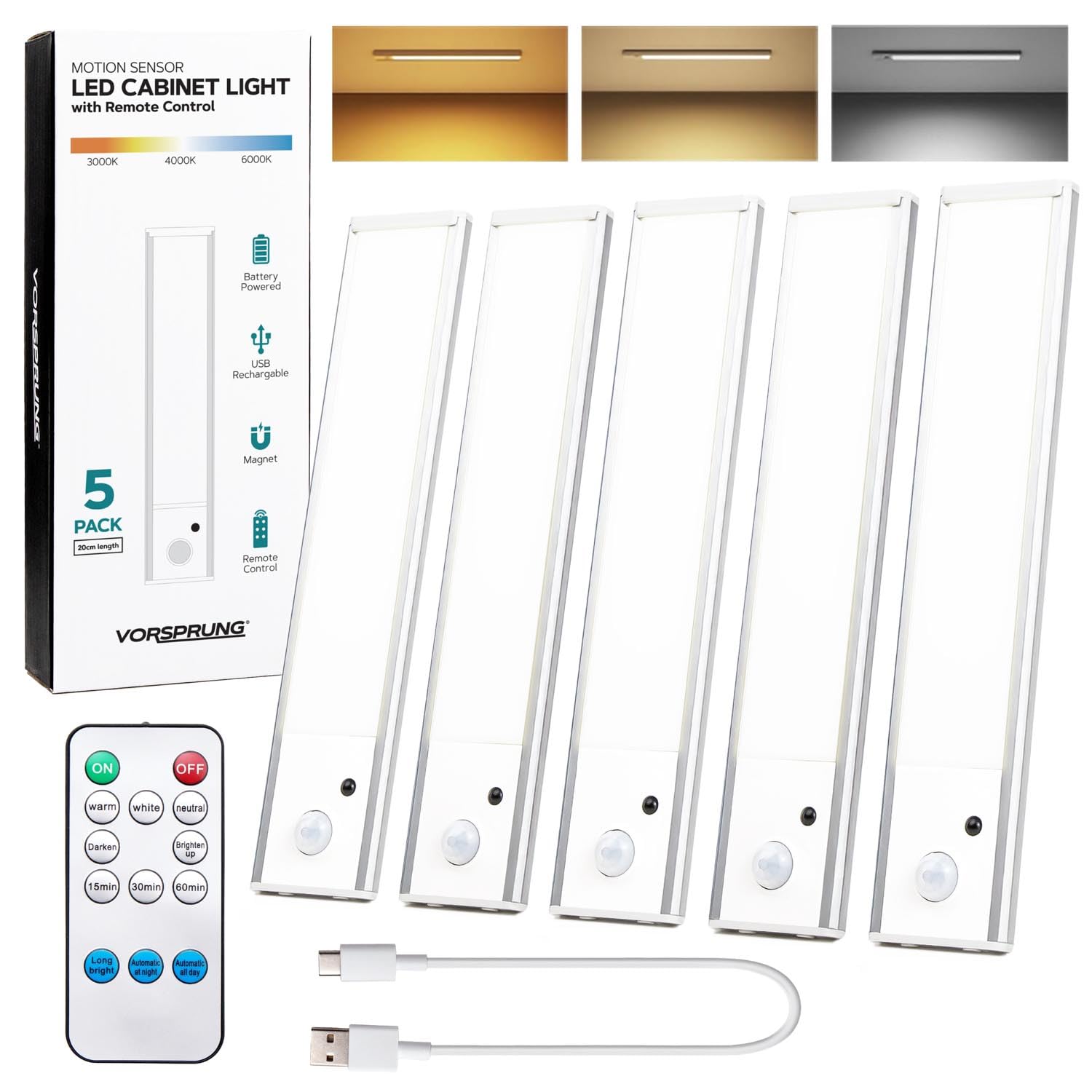 Vorsprung® Under Cabinet LED Lights, 5 Pack of 6000k Dimmable,Wireless, USB Rechargable, Motion Sensor Wardrobe Lights with Remote Control for Kitchen,Stairs,Pantry,Cupboard [Energy Class A]