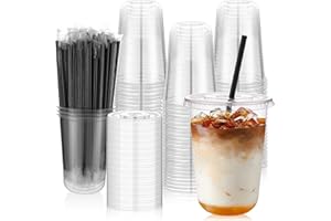 100 Set 16oz Plastic Cups with Lids and Straws, Disposable Clear Iced Coffee Cup with Lid, Round Bottom Plastic to Go Cups fo