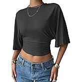 LOLONG Womens Crew Neck Half Sleeve Ruched Shirts Summer 2026 Casual Cinched Waist Crop Tops