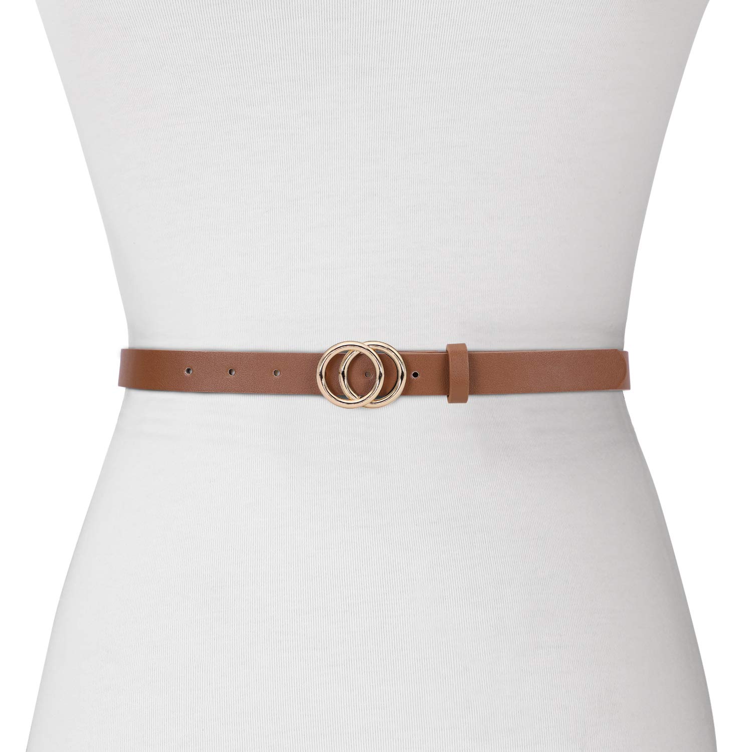 Women Leather Double O Ring Buckle Belt, Fashion Skinny Thin Waist Belt for Jeans Pants Dresses By Whippy