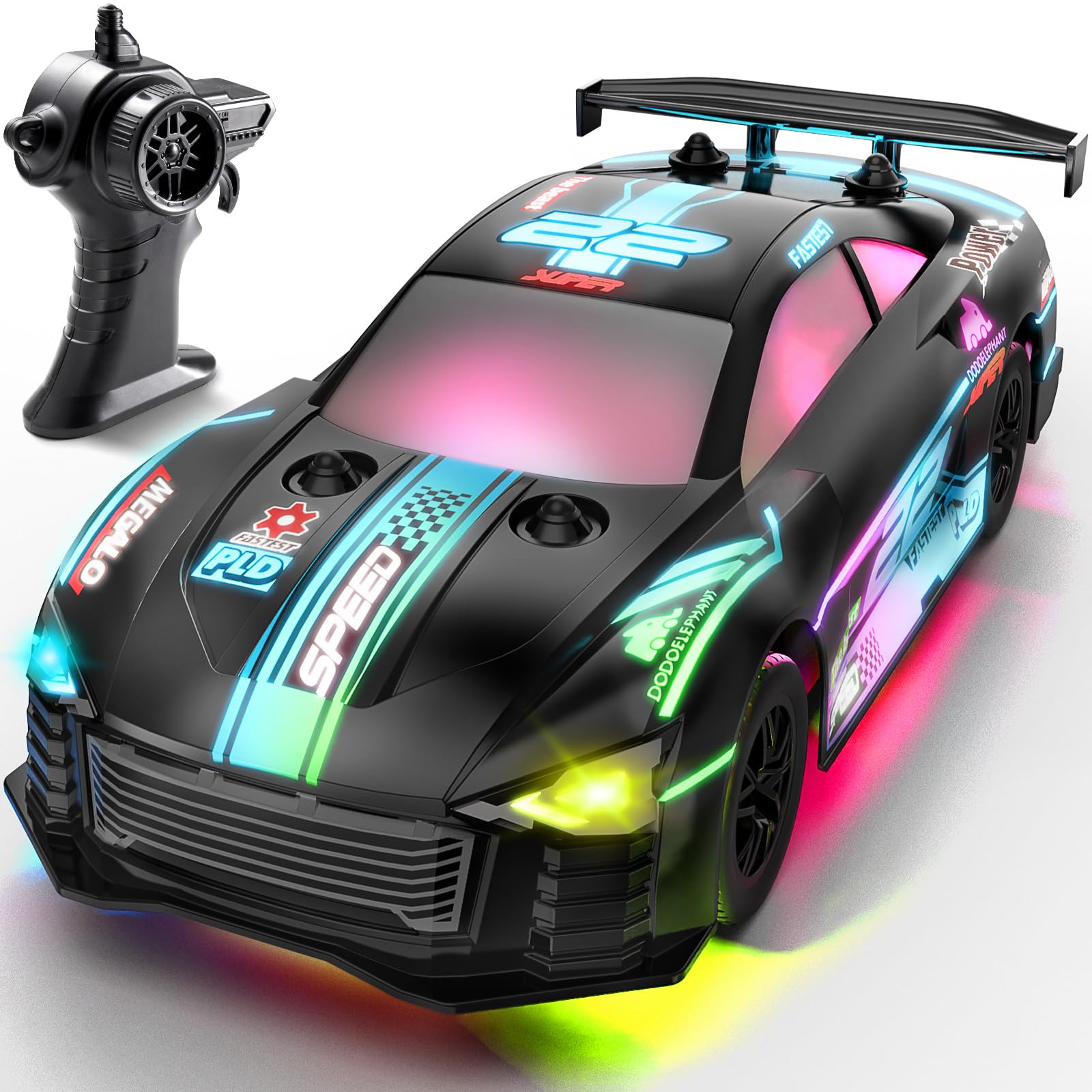 Photo 1 of DODOELEPHANT RC Drift Car, 4WD Remote Control Vehicle with LED Lights, 2.4GHz Race Car with Drifting & Racing Tires, 2 Rechargeable Batteries, Gifts Toys for Kids Boys Girls Adults