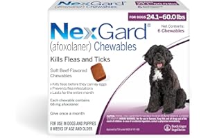 NexGard® (afoxolaner) Flea and Tick Protection for Dogs Oral Soft Beef Flavored Chewables, 24.1 to 60 lbs. (Purple Box) 6 Chews (6 Month Supply)