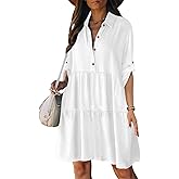 Bsubseach Womens 2026 Casual Dresses Button Down 3/4 Sleeve Sundresses A-Line Ruffled Shirt Dress Spring Outfits White L